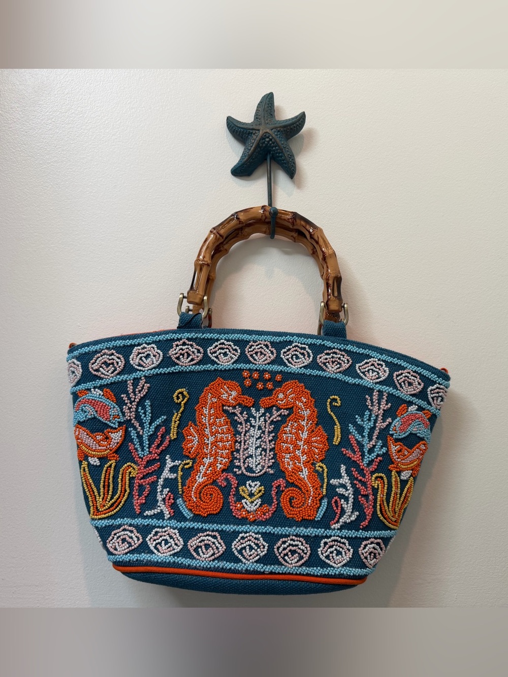 America & Beyond Beaded Seahorse Top Handle Bag Zip, Detachable Strap, Lined